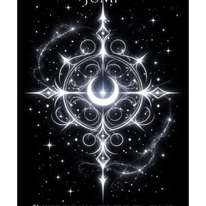 May include: A black and white graphic design with the text "QUANTUM TIMELINE JUMP" at the top. A central, ornate, white design with a crescent moon shape is surrounded by stars and swirling lines. The text "I STEP FULLY INTO THE TIMELINE WHERE EVERYTHING UNFOLDS WITH DIVINE PRECISION." is at the bottom.