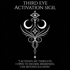 May include: A white graphic design on a black background featuring the text THIRD EYE ACTIVATION SIGIL at the top and the quote I ACTIVATE MY THIRD EYE, I OPEN TO HIGHER AWARENESS, I SEE BEYOND ILLUSION at the bottom, with a central eye symbol.