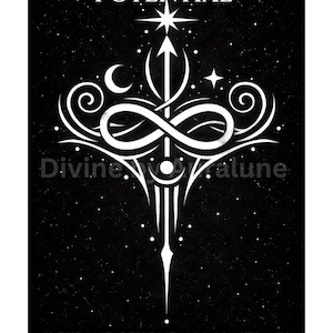 May include: Black and white graphic art print with the text "SIGIL OF LIMITLESS POTENTIAL." The design features an infinity symbol, a crescent moon, a star, and an arrow pointing upwards. The text "I EXPAND BEYOND ALL LIMITS. MY POTENTIAL UNFOLDS EFFORTLESSLY" is at the bottom.