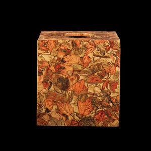 May include: A square tissue box cover with a fall leaf design. The leaves are in shades of orange, red, and brown.