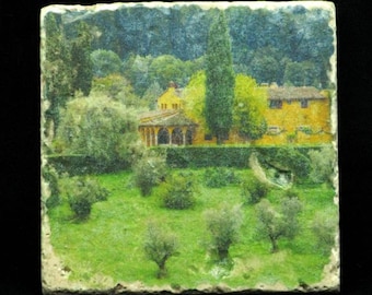 Set of 4 Marble Coasters - Yellow Farmhouse Near Florence Italy