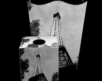 SET Paris Home & Bathroom Décor Wastebasket and Tissue Box Cover - The Eiffel Tower at Dusk in Black and White