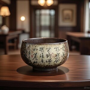 May include: A ceramic bowl with a dark brown rim and a light brown exterior. The bowl features calligraphy in black ink. The bowl is sitting on a dark brown wooden table. The background is blurred.