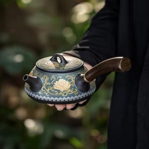 May include: A decorative teapot with a dark teal background and a floral design. The teapot has a wooden handle and a lid with a black handle. The floral design includes a yellow lotus flower and gold accents.