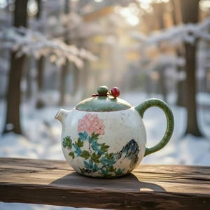 Puede incluir: Una tetera de cerámica blanca con un diseño floral que presenta una peonía rosa y hojas azules. La tapa es verde con un pequeño pomo verde y una baya roja. El asa también es verde. La tetera está sobre una superficie de madera con un fondo de bosque nevado.