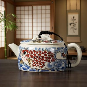 Puede incluir: Tetera de cerámica blanca con diseño de carpa koi. La tetera tiene detalles rojos, azules y dorados. La tapa tiene un asa negra. El texto "JINGDE TEA SET" está impreso en la tapa.