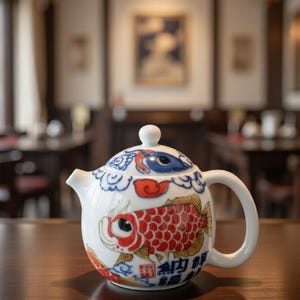 Puede incluir: Tetera de cerámica blanca con un diseño de pez koi rojo y dorado. La tapa presenta detalles en azul y rojo. La tetera tiene un asa curva y un pico. El diseño incluye caracteres japoneses.