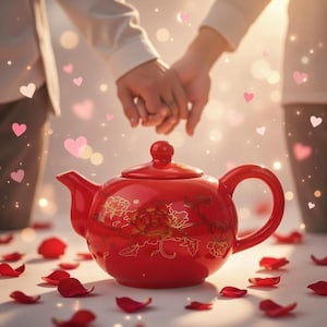 May include: A bright red ceramic teapot with a gold floral pattern. Scattered red rose petals and pink hearts surround the teapot. The image suggests romance and celebration, with a focus on the teapot.