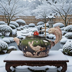 Könnte beinhalten: Eine grüne und braune Keramik-Teekanne mit fischförmigem Griff und Fischmotiven, auf einem schneebedeckten Holztisch. Die Teekanne hat eine rote Kugel oben. Im Hintergrund ein verschneiter japanischer Garten.