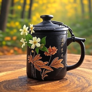 May include: A black ceramic tea mug with a lid, handle, and floral design. The mug is decorated with brown and orange flowers and leaves. White and yellow flowers are placed inside the mug. The mug sits on a wooden table.