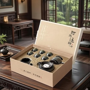 Può includere: Un set da tè nero con dettagli dorati, tra cui una teiera, tazze e un vassoio da portata, presentato in una scatola di cartone. La scatola presenta caratteri cinesi sul coperchio.