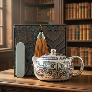Puede incluir: Una tetera decorativa con asa y tapa plateadas, con un diseño azul, rojo y blanco. Un objeto rectangular azul claro y una borla decorativa con una tapa plateada y hebras doradas están junto a la tetera. Sobre una superficie de madera.