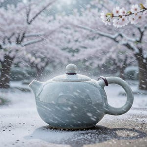 Może przedstawiać: Jasnoniebieski ceramiczny imbryk o zaokrąglonym korpusie, zakrzywionym uchwycie i małym dziobku. Imbryk ustawiony na tle śnieżnego krajobrazu z kwitnącymi wiśniami. Uchwyt owinięty ciemnofioletowym sznurkiem.