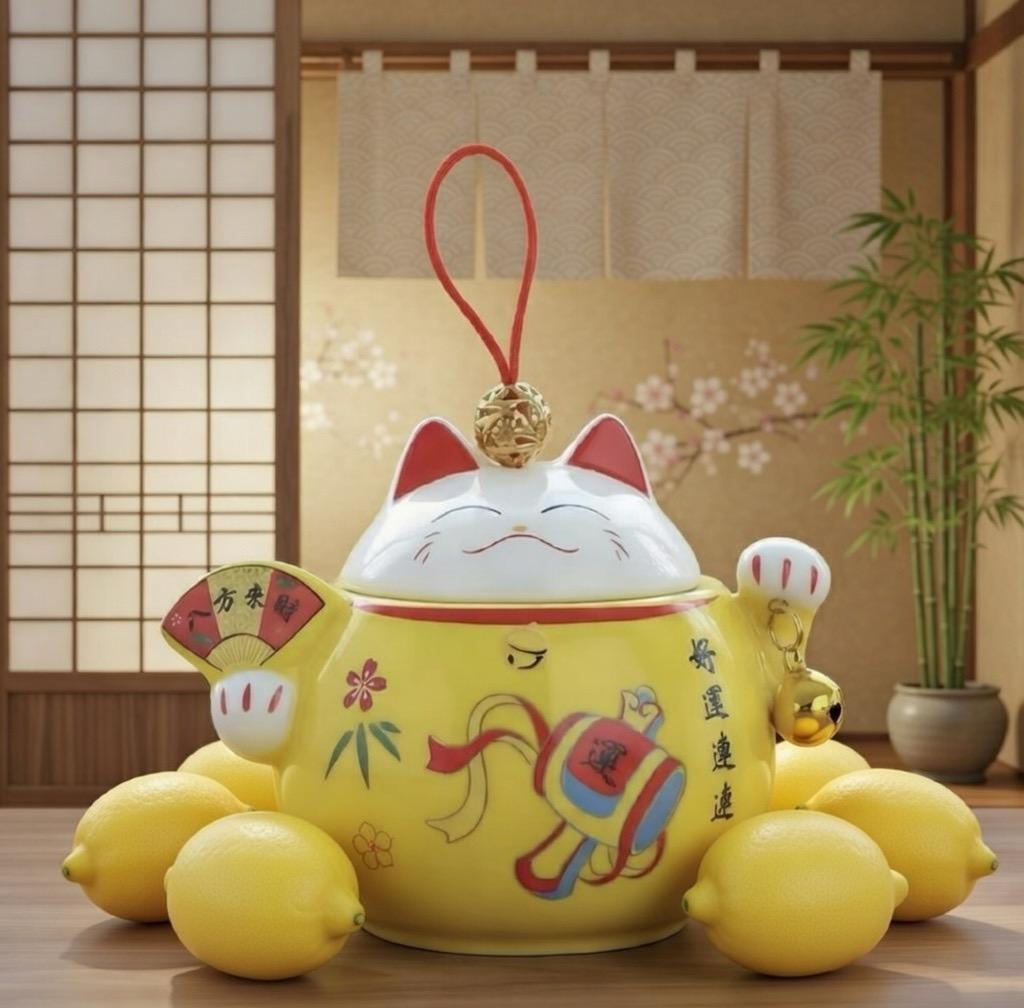 置物 maocat Yellow Ceramic Lucky Cat Tea Tin – Maneki Neko Kawaii Storage Jar