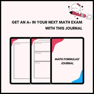 Könnte beinhalten: Ein Mathe-Journal mit dem Text "MATH FORMULAS' JOURNAL" auf dem Cover. Das Journal hat ein rosa und blaues Design. Das Bild enthält auch den Text "GET AN A+ IN YOUR NEXT MATH EXAM WITH THIS JOURNAL".