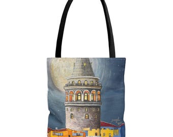 Bolsa de tela con paisaje nocturno de la Torre de Gálata / Ilustración del horizonte de Estambul iluminado por la luna