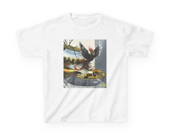 May include: White t-shirt featuring a surrealist painting of a rooster with outstretched wings. The artwork includes a landscape with a lake and trees, and a golden plate with food. The rooster is depicted in shades of black, red, and gray.
