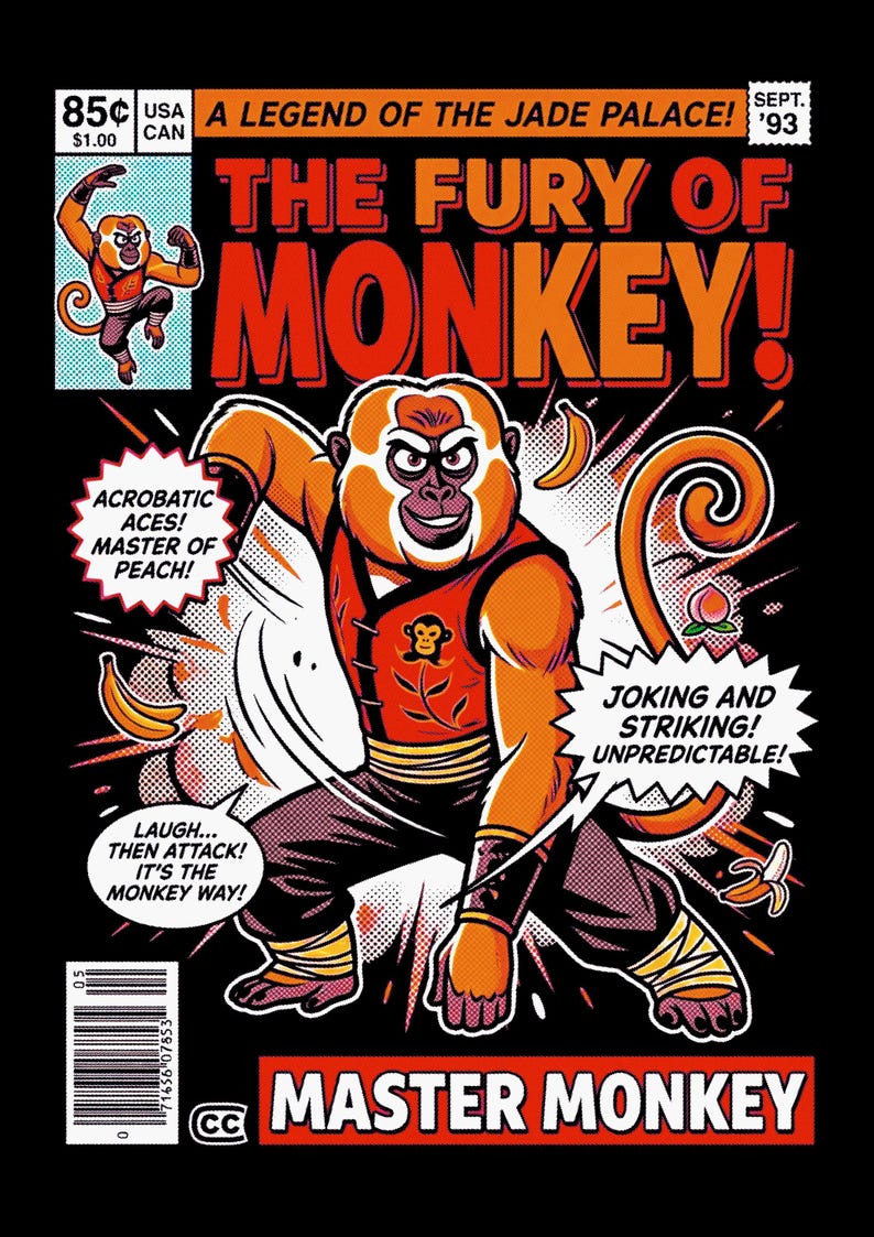 May include: A comic book cover titled The Fury of Monkey featuring a central monkey character in a red vest and dark pants. Text includes A Legend of the Jade Palace, Acrobatic Aces! Master of Peach!, Joking and Striking! Unpredictable!, and Laugh... Then Attack! It's the Monkey Way!