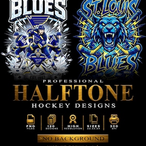 May include: A digital collection of St. Louis Blues hockey graphics featuring team players, a roaring blue panther mascot, and hockey equipment. The text reads Professional Halftone Hockey Designs, PNG Files, 120 Designs, High Resolution, Sizes A2, A3, A4, 300 DPI, No Background, Instant Download.