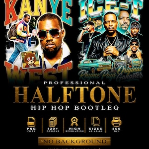 May include: A black graphic design featuring Kanye West and Ice-T, with text that reads "Kanye West" and "Ice-T". The design includes images of the artists and the words "Professional Halftone Hip Hop Bootleg".