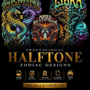 May include: A digital design showcasing Gemini, Aries, and Libra zodiac signs, with detailed illustrations and the text "Professional Halftone Zodiac Designs." The design includes icons for PNG files, 120+ designs, high resolution, and sizes A2, A3, A4.