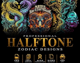 Über 120 professionelle Tierkreis- und Astrologie-Halbton-Designs für DTF/DTG in hoher Auflösung (300 DPI) (Originalgrafiken)