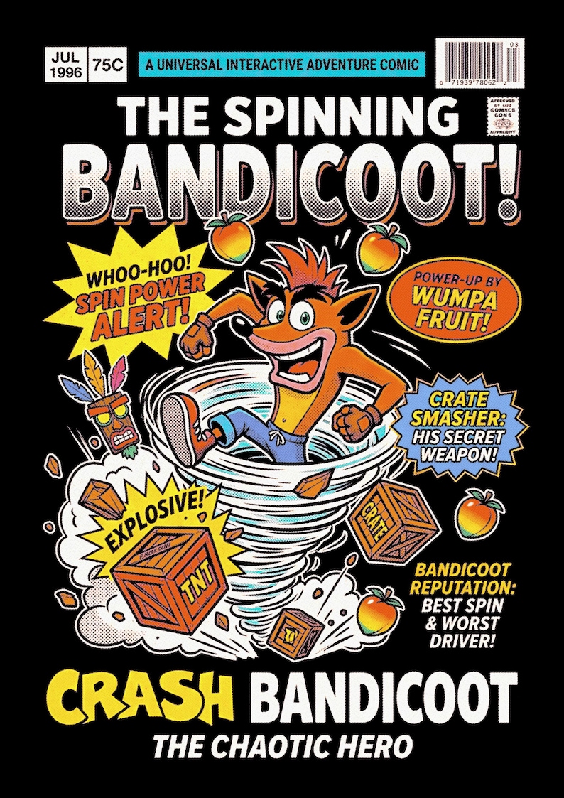 May include: A comic book cover titled The Spinning Bandicoot featuring an orange bandicoot character spinning in a tornado. The cover includes text such as Whoo-hoo! Spin Power Alert!, Power-up by Wumpa Fruit!, Crate Smasher: His Secret Weapon!, and TNT.