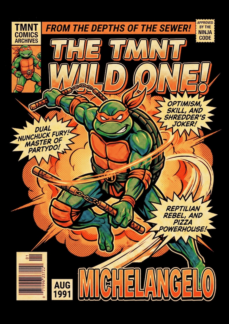May include: A comic book cover featuring Michelangelo from TMNT, depicted in green with an orange mask and nunchucks. The text reads: FROM THE DEPTHS OF THE SEWER! THE TMNT WILD ONE! DUAL NUNCHUCK FURY! MASTER OF PARTYDO! OPTIMISM, SKILL, AND SHREDDER'S JOKER! REPTILIAN REBEL, AND PIZZA POWERHOUSE! MICHELANGELO, AUG 1991.