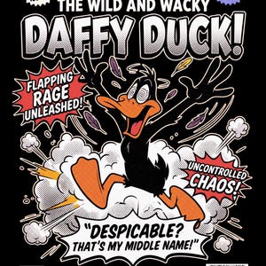 May include: A comic book cover featuring Daffy Duck with swirling eyes, surrounded by feathers and smoke clouds. Text includes: A LOONEY TUNES ADVENTURE, THE WILD AND WACKY DAFFY DUCK!, FLAPPING RAGE UNLEASHED!, UNCONTROLLED CHAOS!, and DESPICABLE? THAT'S MY MIDDLE NAME!