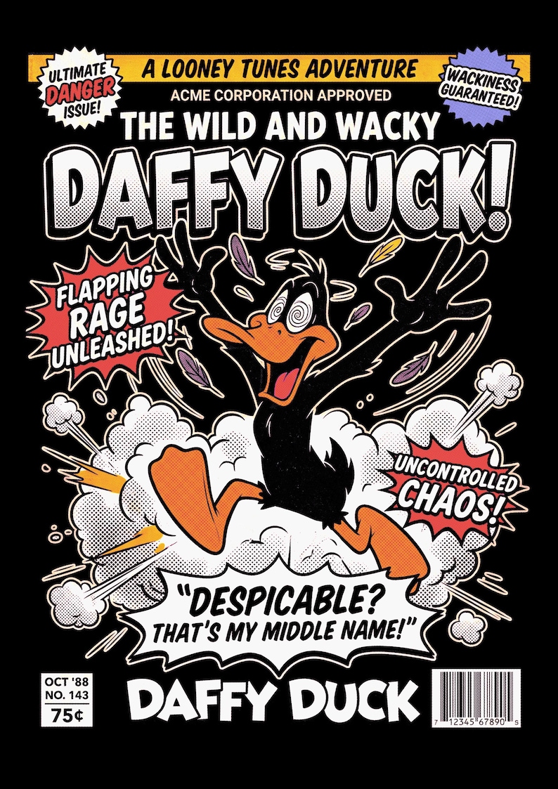 May include: A comic book cover featuring Daffy Duck with swirling eyes, surrounded by feathers and smoke clouds. Text includes: A LOONEY TUNES ADVENTURE, THE WILD AND WACKY DAFFY DUCK!, FLAPPING RAGE UNLEASHED!, UNCONTROLLED CHAOS!, and DESPICABLE? THAT'S MY MIDDLE NAME!