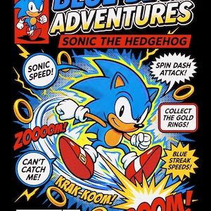 May include: A comic book cover titled The Blue Blur Adventures featuring Sonic the Hedgehog in a dynamic pose with yellow lightning effects, gold rings, and speech bubbles with text including Sonic Speed, Spin Dash Attack, and Boom.