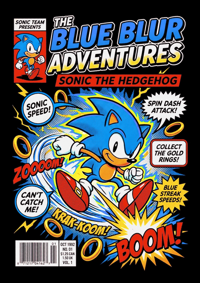 May include: A comic book cover titled The Blue Blur Adventures featuring Sonic the Hedgehog in a dynamic pose with yellow lightning effects, gold rings, and speech bubbles with text including Sonic Speed, Spin Dash Attack, and Boom.