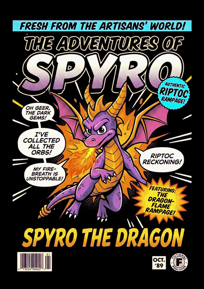 May include: A comic book cover titled The Adventures of Spyro featuring a purple dragon breathing fire. Text includes Fresh from the Artisans' World, Riptoc Rampage, Oh Geer, the Dark Gems, I've collected all the orbs, and My fire-breath is unstoppable.