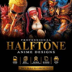 Peut inclure: Une collection numérique intitulée PROFESSIONAL HALFTONE ANIME DESIGNS avec trois personnages d'anime : un homme blond à lunettes, une femme aux couettes rouges et un pirate. Inclut 85+ fichiers PNG, haute résolution, formats A2, A3, A4, 300 DPI.