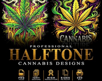 Über 120 hochwertige Cannabis-Halbton-Designs für DTF und DTG in hoher Auflösung (300 DPI) – Sofort-Download
