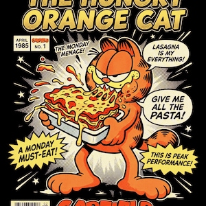 May include: A comic book cover featuring an orange cat eating lasagna from a baking dish. Text includes: MARVELOUS FOOD-FIGHTER, THE HUNGRY ORANGE CAT, APRIL 1985, THE MONDAY MENACE, LASAGNA IS MY EVERYTHING, GIVE ME ALL THE PASTA, A MONDAY MUST-EAT, THIS IS PEAK PERFORMANCE, GARFIELD, THE MASTER OF NAP-TIME.
