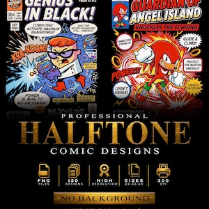 Könnte beinhalten: Zwei Comic-Cover mit Dexter in Genius in Black und Knuckles the Echidna in The Guardian of Angel Island. Der Text enthält Titel und Sprechblasen. Darunter steht Professional Halftone Comic Designs mit Symbolen für PNG-Dateien, 150 Designs, hohe Auflösung, A2, A3, A4-Größen, 300 DPI und kein Hintergrund.