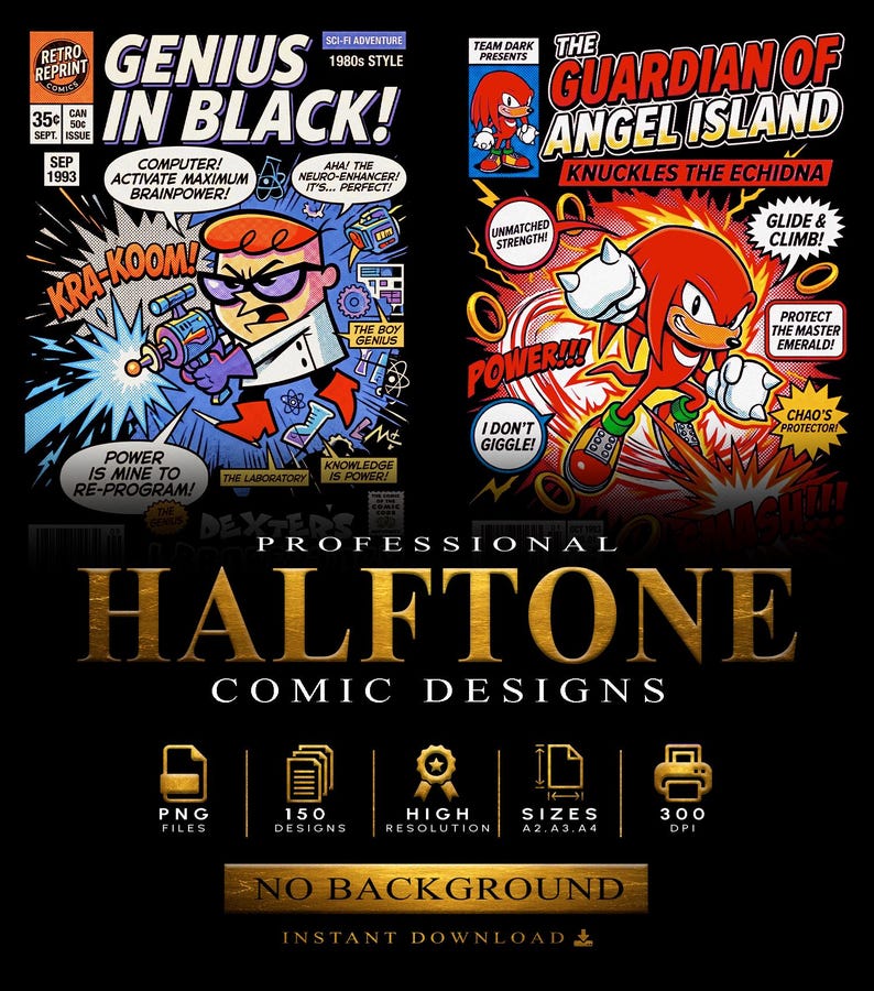 May include: Two comic book covers featuring Dexter in Genius in Black and Knuckles the Echidna in The Guardian of Angel Island. The text includes titles, speech bubbles, and comic book details. Below, the text Professional Halftone Comic Designs appears with icons for PNG files, 150 designs, high resolution, A2, A3, A4 sizes, 300 DPI, and no background.