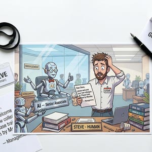 Op de afbeelding: Een humoristische illustratie toont Steve, een mens, overweldigd door AI-collega's in een kantooromgeving. De afbeelding bevat een naamlabel, een afscheidsbriefje en een bord met de tekst "STEVE - HUMAN".