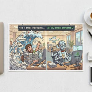 Op de afbeelding: Een humoristische prent die het contrast tussen menselijk en AI e-mailbeheer weergeeft. De ene kant toont een persoon overspoeld door e-mails, de andere een AI-robot die ze efficiënt beheert. De prent bevat de tekst "You: 1 email (still typing...) AI: 312 emails answered".