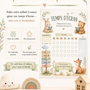 Puede incluir: Un gráfico imprimible de tiempo de pantalla con el texto "Moins d'écrans, plus de moments précieux." El diseño incluye ilustraciones de animales e iconos. También se ven un arcoíris y una casa de madera. Medidas en cm.