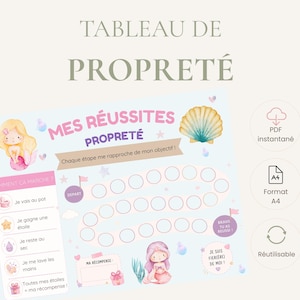 May include: A light blue potty training chart featuring mermaid illustrations, a seashell, and pink text including "TABLEAU DE PROPRETÉ", "MES RÉUSSITES", and "PROPRETÉ". The chart includes a path of empty circles for tracking progress and a section explaining the steps with icons.