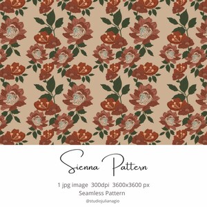 Pode incluir: Um padrão floral contínuo com flores estilizadas em tons de vermelho e ferrugem, com folhas verdes, sobre um fundo bege. O texto "Sienna Pattern" é exibido em uma escrita elegante.