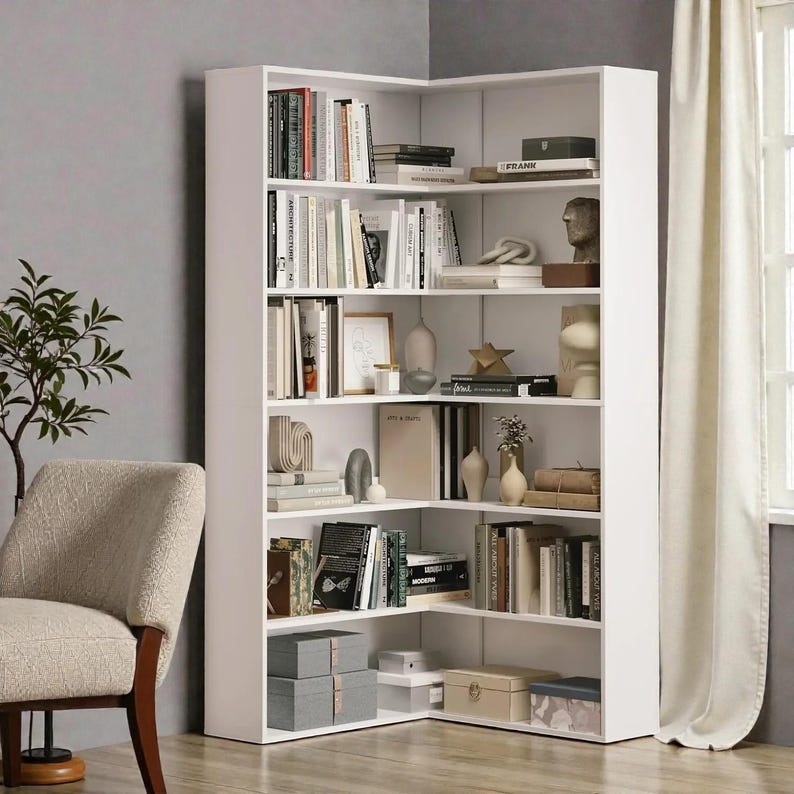 White Corner Bookshelf, L-shaped 6-tier Wooden Display, 71.5 Inch - Etsy