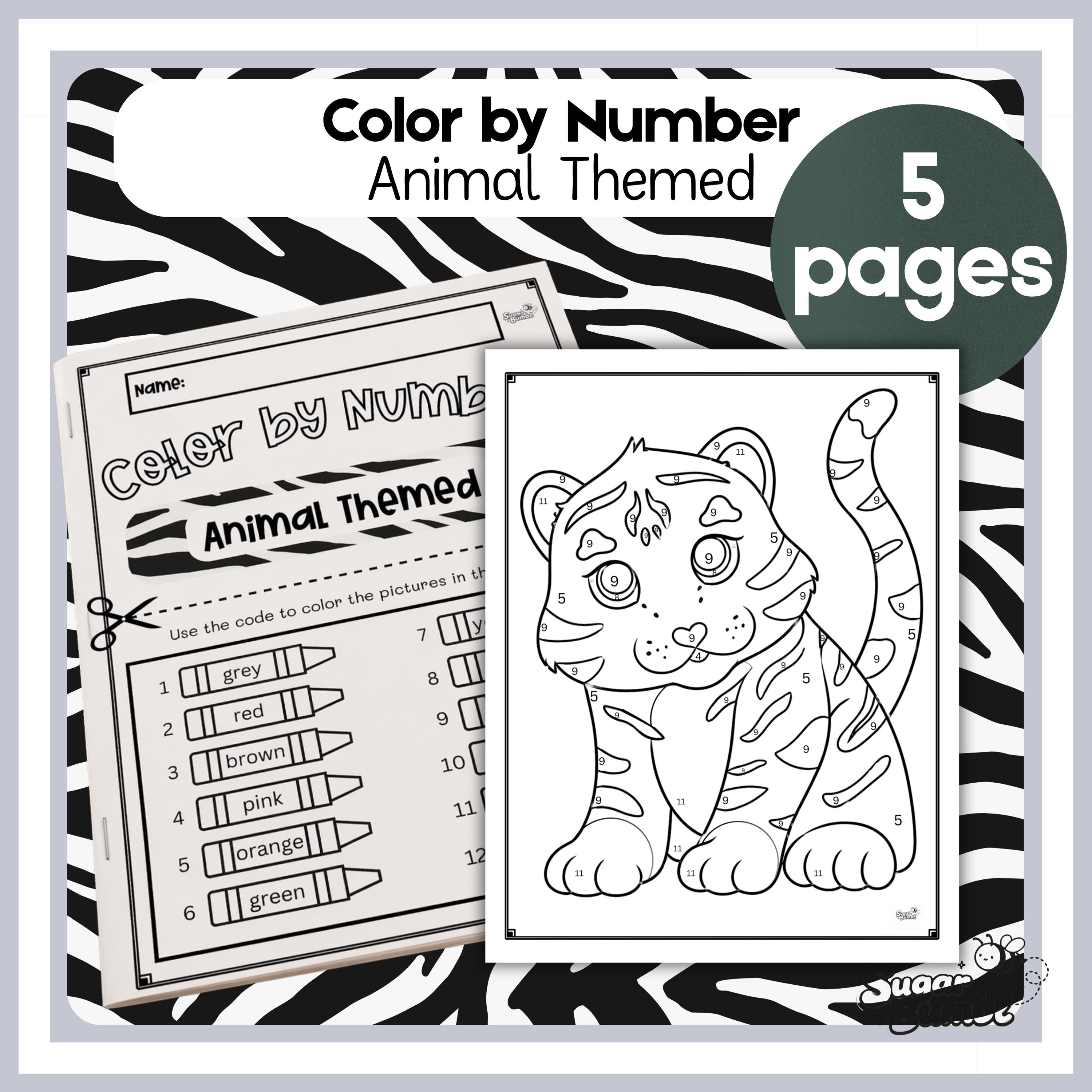Animal Color by Number Printable Worksheet Pack, 5 Coloring Pages, Prek ...