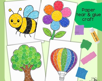 Torn Paper Craft Bundle | Flower, Bumble Bee & Tree Spring Fine Motor Activity | Preschool Kindergarten Printable Art Project