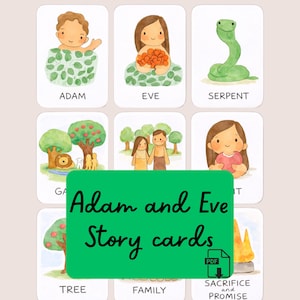 Cartes d'histoires bibliques pour enfants avec script | Imprimables pour leçon primaire chrétienne | Adam et Ève PDF | Leçon sur l'Ancien Testament