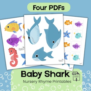 Paquete imprimible de tiburón bebé / Canción infantil, peces del océano y juego de asociación para preescolar