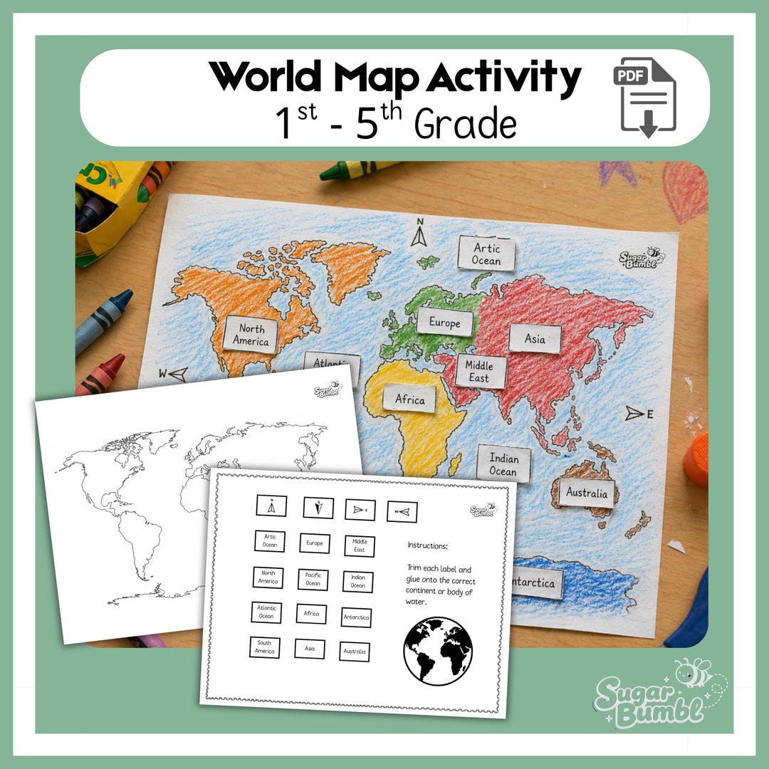 World Map Learning Activity Printable, Geography Worksheet for Kids ...