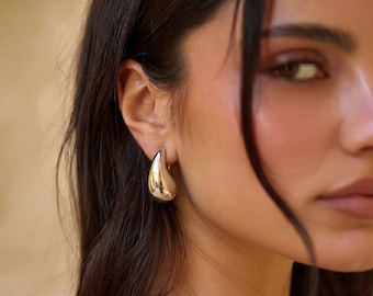 Chunky Teardrop Stud Earrings, Polished Dome Drop, 18K Gold Plated Stainless Steel